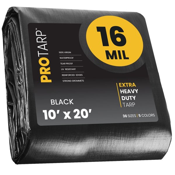 Protarp 10 ft x 20 ft Heavy Duty 16 Mil Tarp, Black, Polyethylene PT-106-10X20